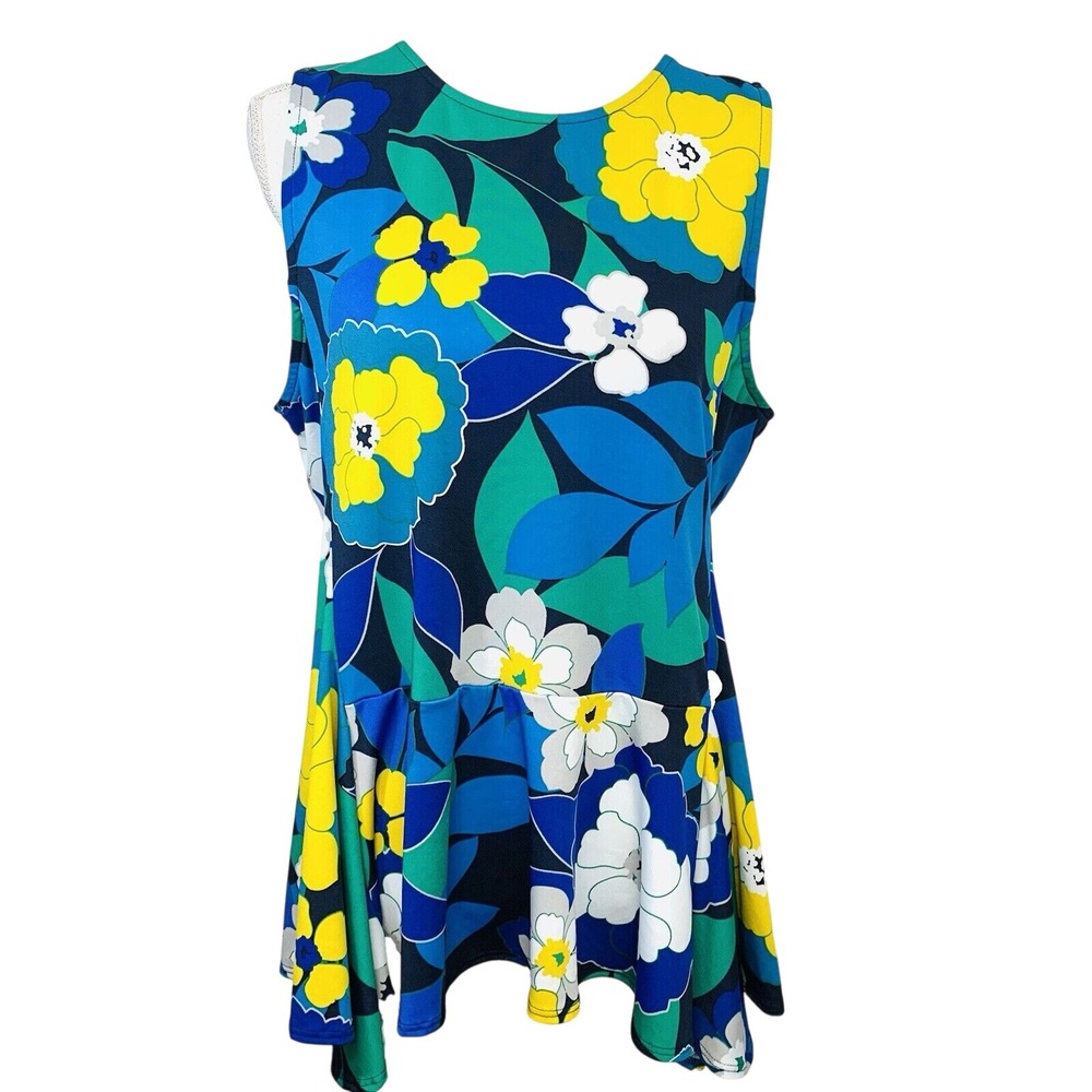 Jules & Leopold Floral Peplum Sleeveless Top XL Blue Green Yellow Mod Retro